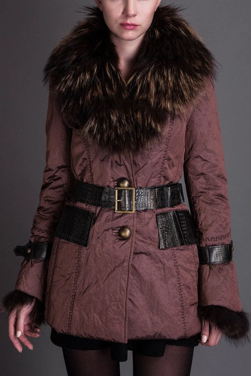 Fur-Collar Belted Short Down Coat