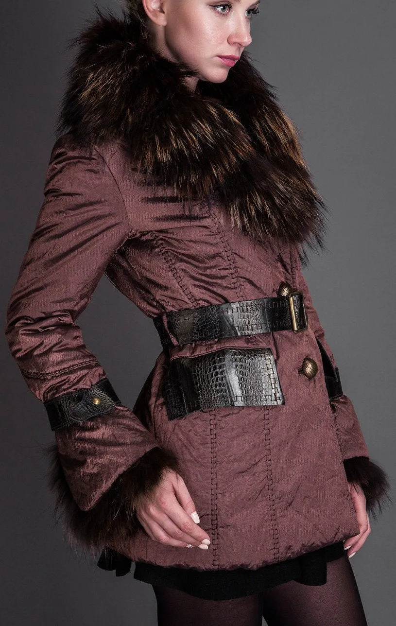 Fur-Collar Belted Short Down Coat