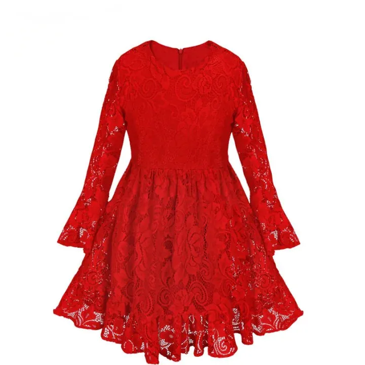 Girls Lace Flowers Long Sleeve Dress