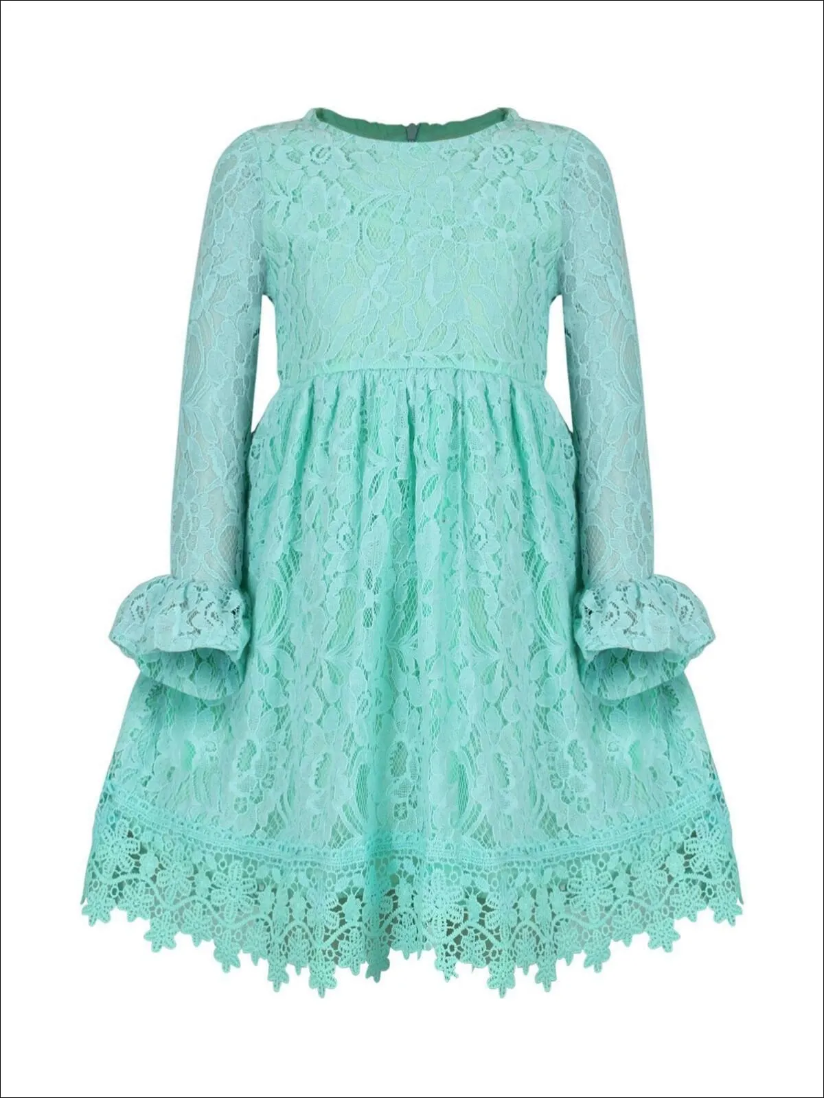 Girls Mint A-Line Floral Lace Flared Long Sleeve Dress