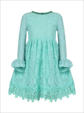 Girls Mint A-Line Floral Lace Flared Long Sleeve Dress