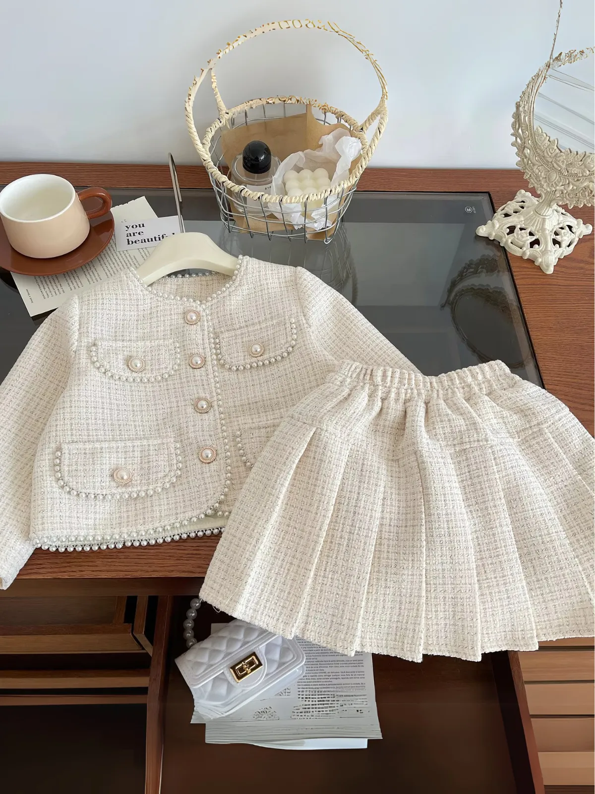 Girls Pearls and Tweed Blazer and Pleated Skirt Set