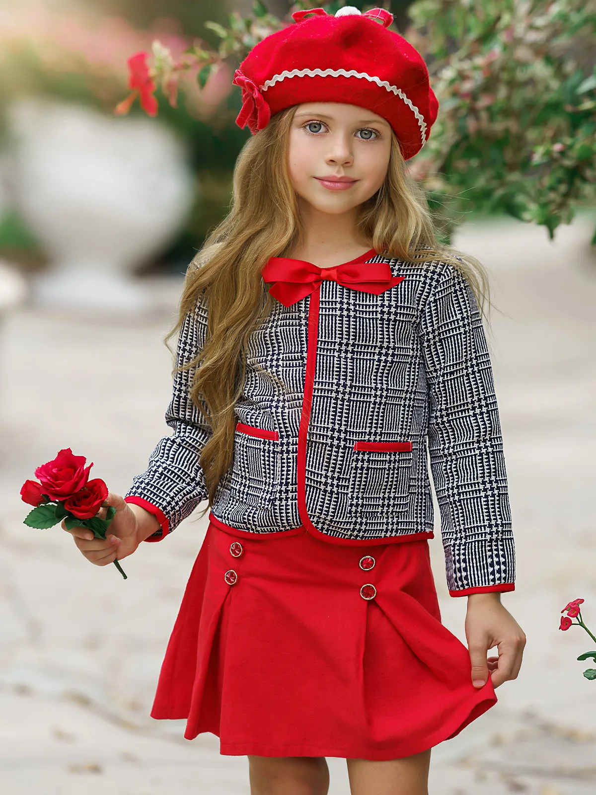 Girls Preppy Navy And Creme Tweed Red Bow Pocket Jacket And Red Pleated Skirt Set