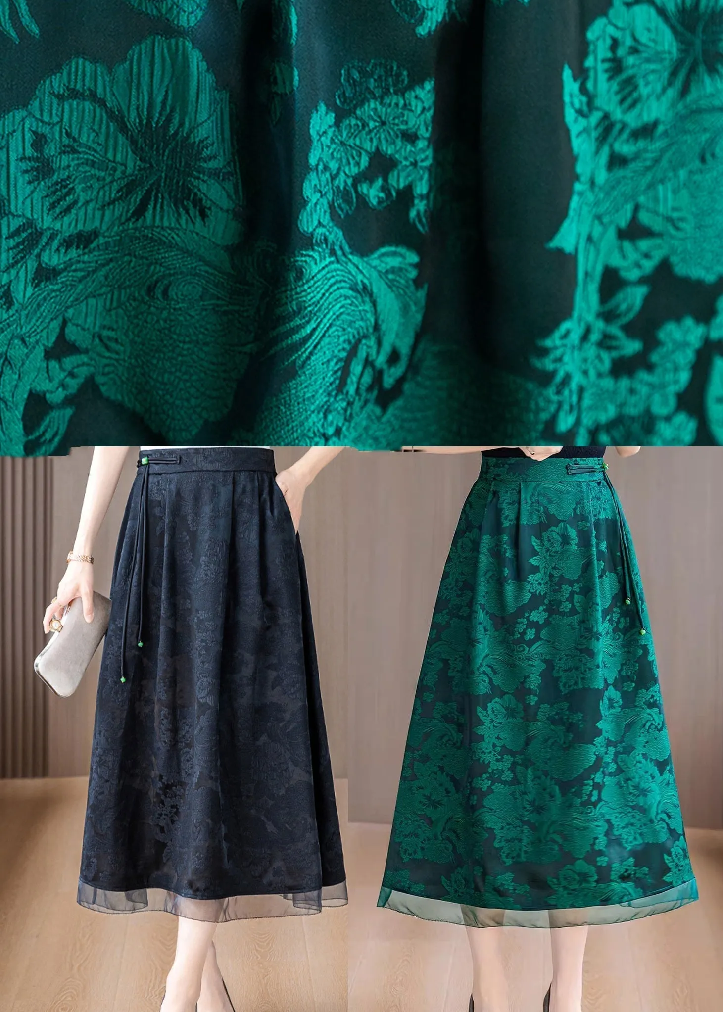 Green Print Silk A Line Skirts Tasseled Summer OO039