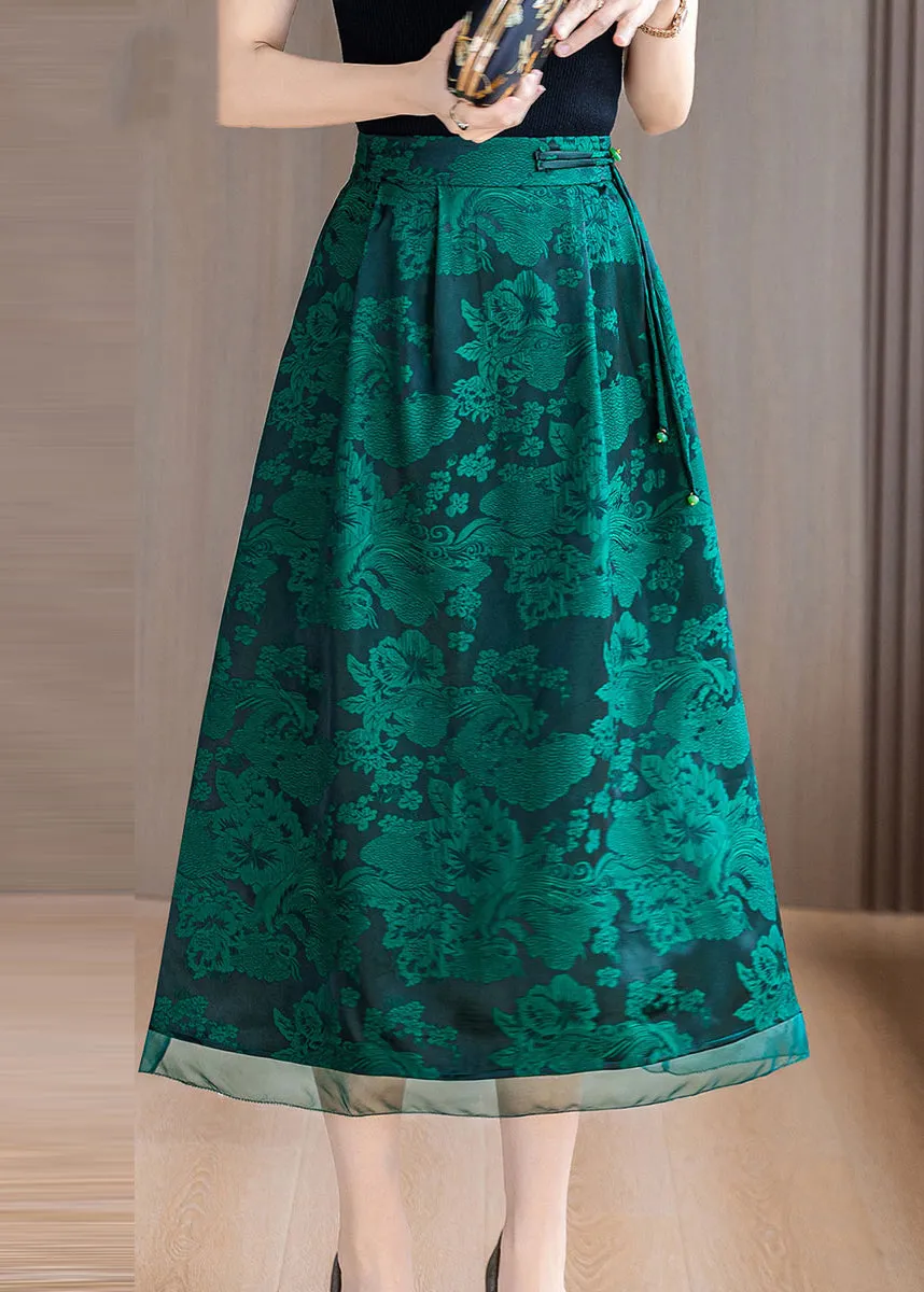 Green Print Silk A Line Skirts Tasseled Summer OO039