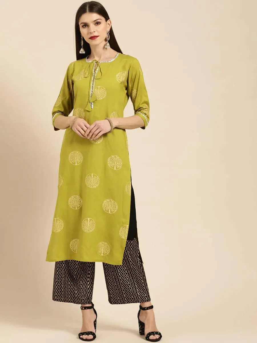 Green Printed Rayon Straight Kurta With Palazzos