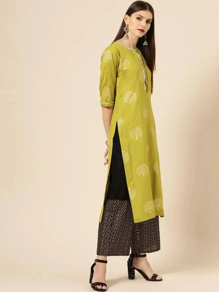 Green Printed Rayon Straight Kurta With Palazzos