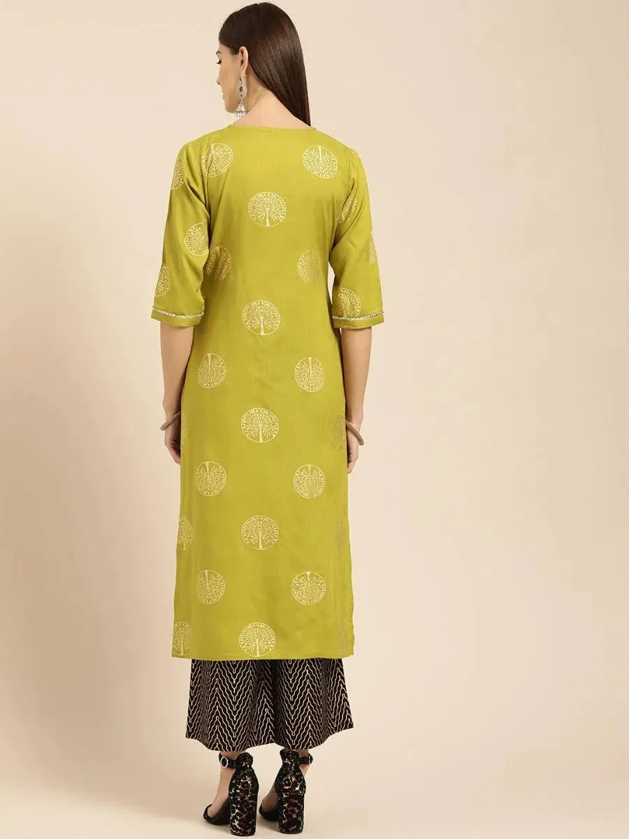 Green Printed Rayon Straight Kurta With Palazzos