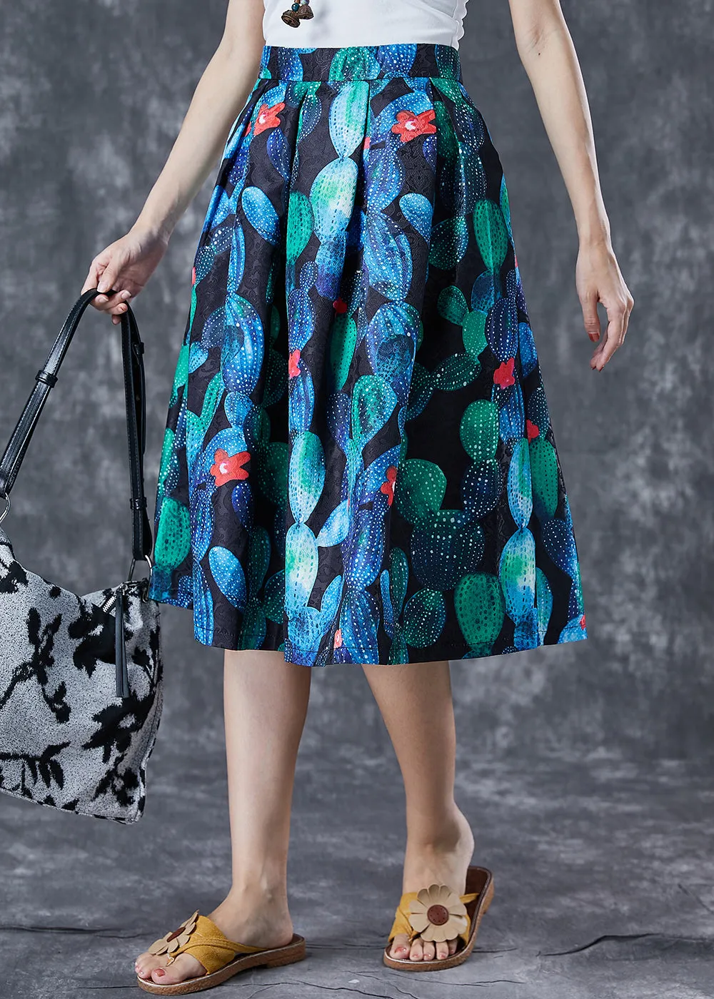 Handmade Peacock Blue High Waist Print Skirt Summer LY7072