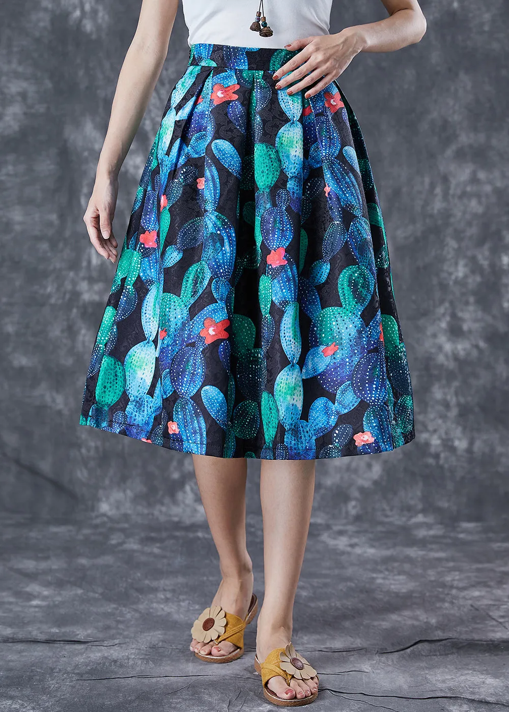 Handmade Peacock Blue High Waist Print Skirt Summer LY7072