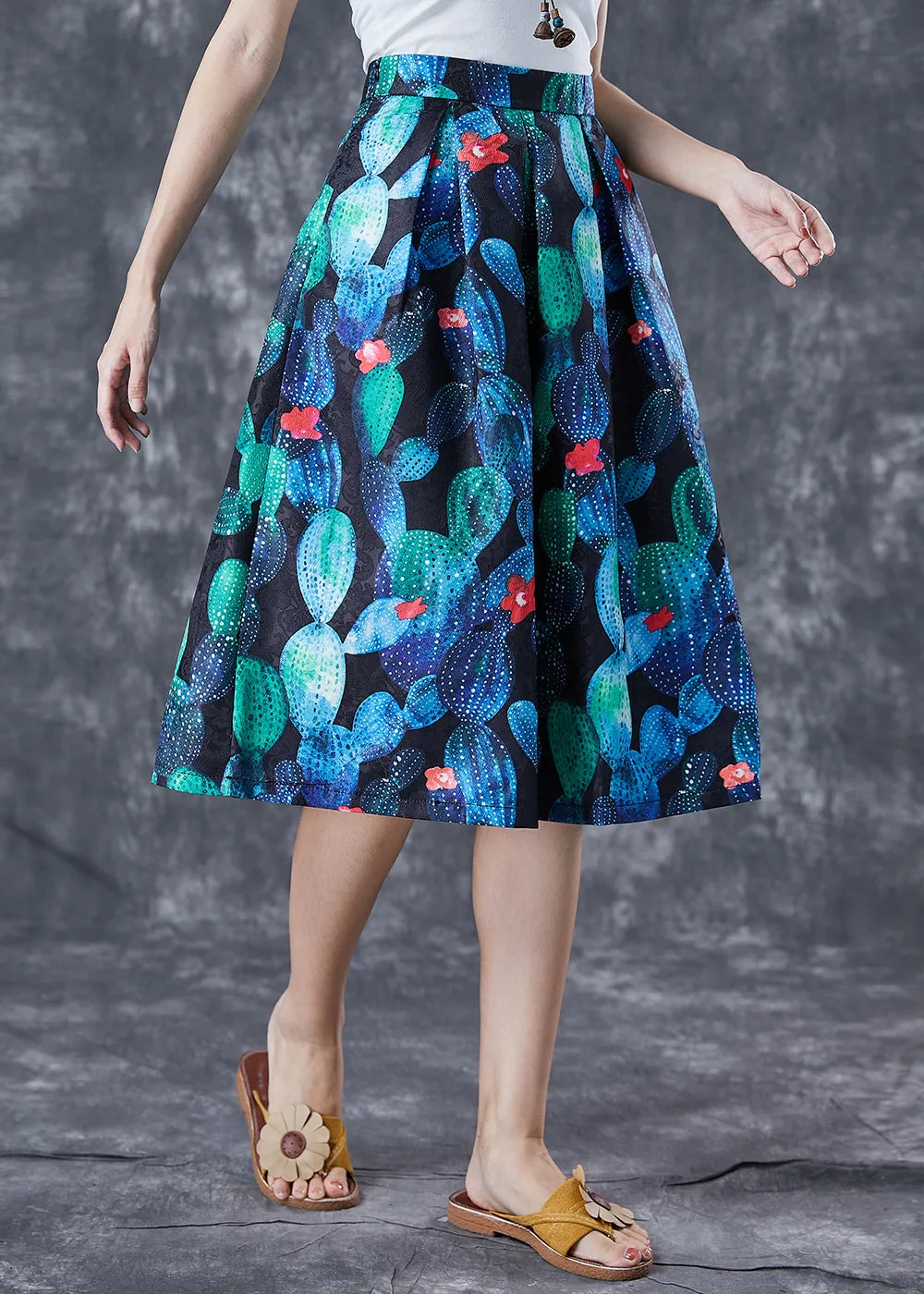 Handmade Peacock Blue High Waist Print Skirt Summer LY7072