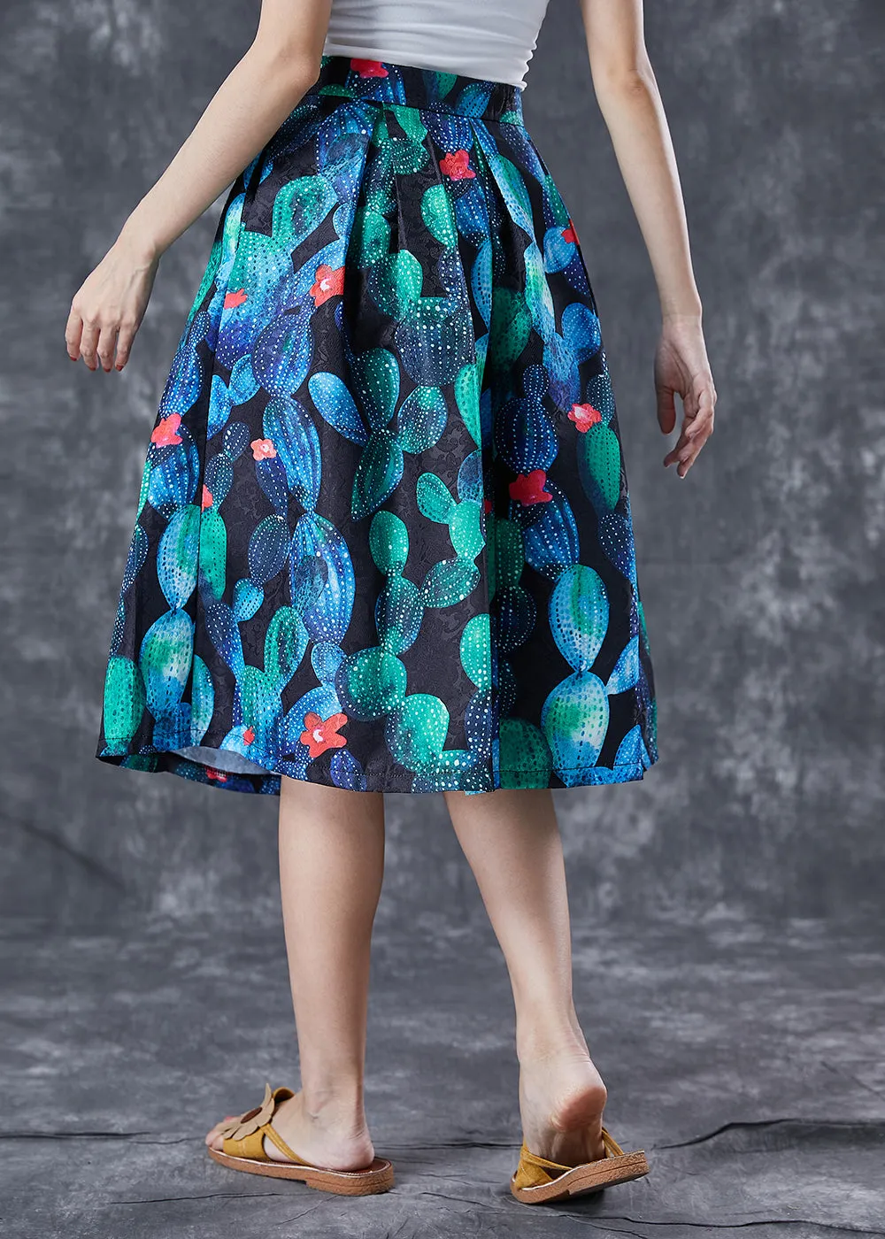 Handmade Peacock Blue High Waist Print Skirt Summer LY7072