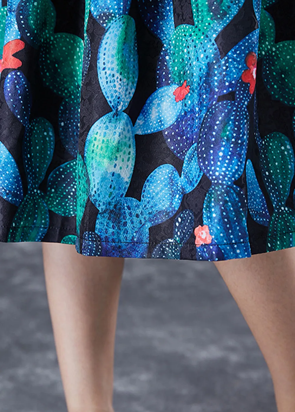 Handmade Peacock Blue High Waist Print Skirt Summer LY7072