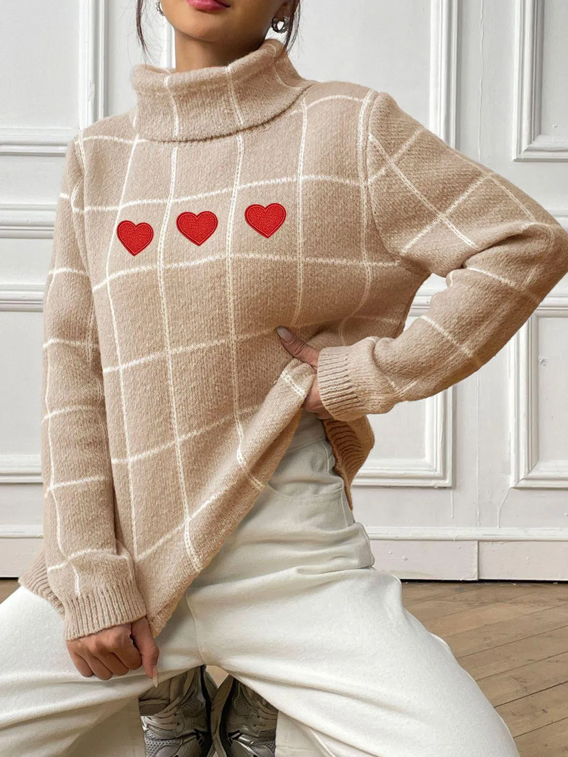 Heart Plaid Sweater Turtleneck Long Sleeve Casual Knitwear