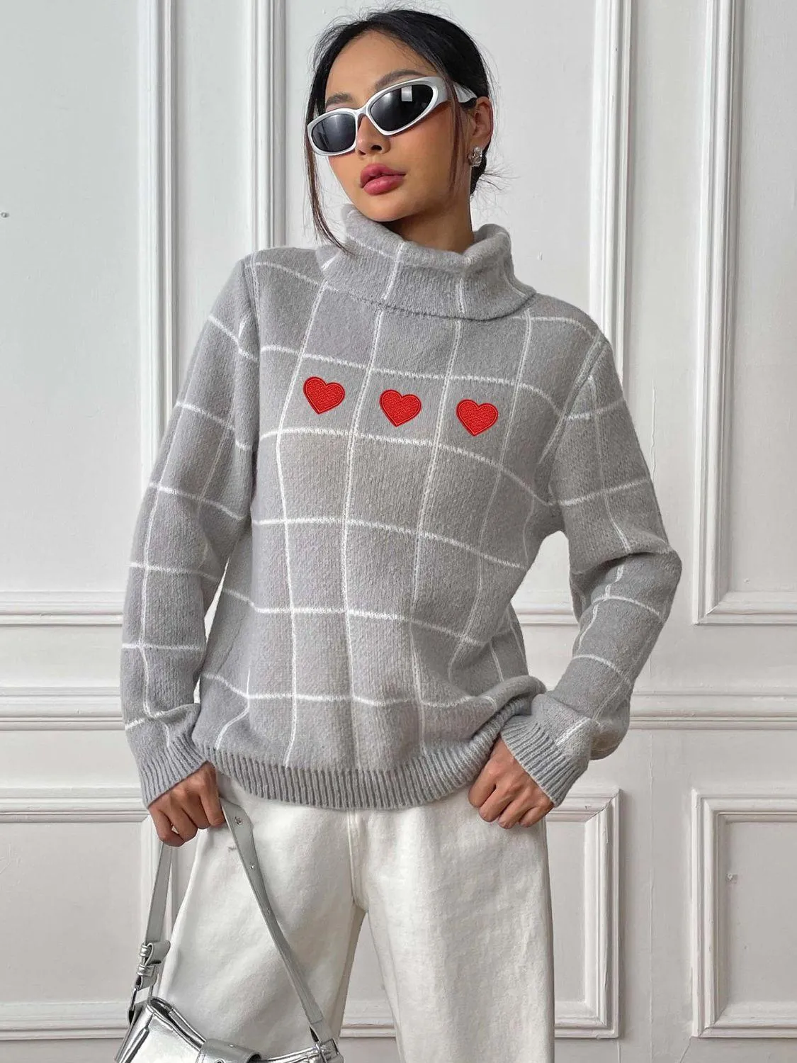 Heart Plaid Sweater Turtleneck Long Sleeve Casual Knitwear