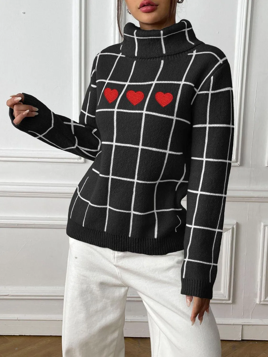 Heart Plaid Sweater Turtleneck Long Sleeve Casual Knitwear