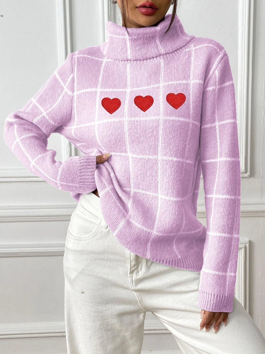 Heart Plaid Sweater Turtleneck Long Sleeve Casual Knitwear