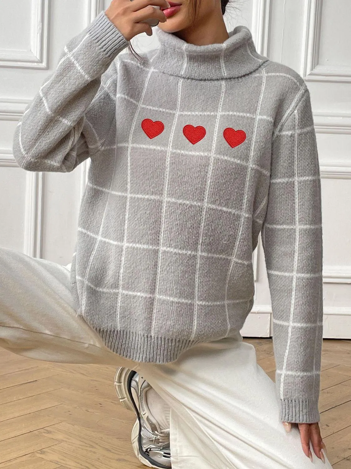 Heart Plaid Sweater Turtleneck Long Sleeve Casual Knitwear