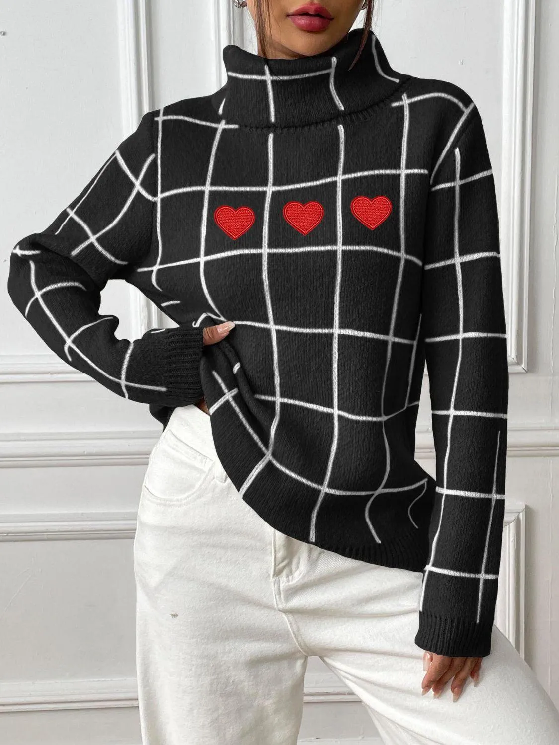 Heart Plaid Sweater Turtleneck Long Sleeve Casual Knitwear