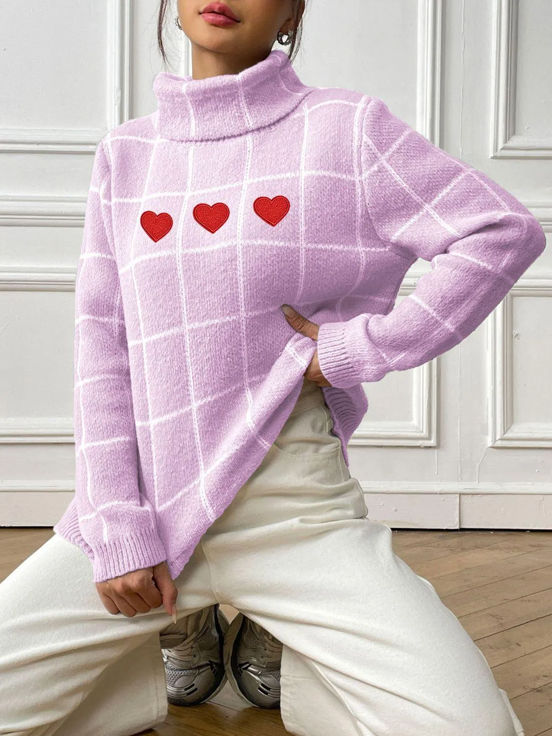 Heart Plaid Sweater Turtleneck Long Sleeve Casual Knitwear