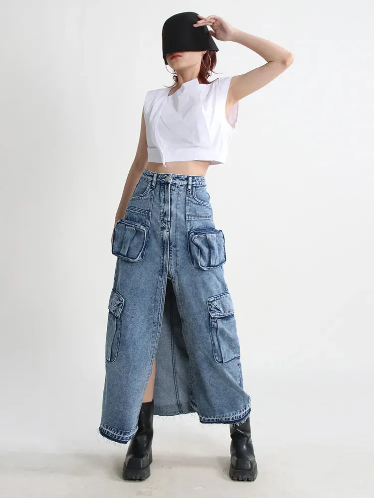 HEYFANCYSTYLE Cargo Denim Skirts High Waist