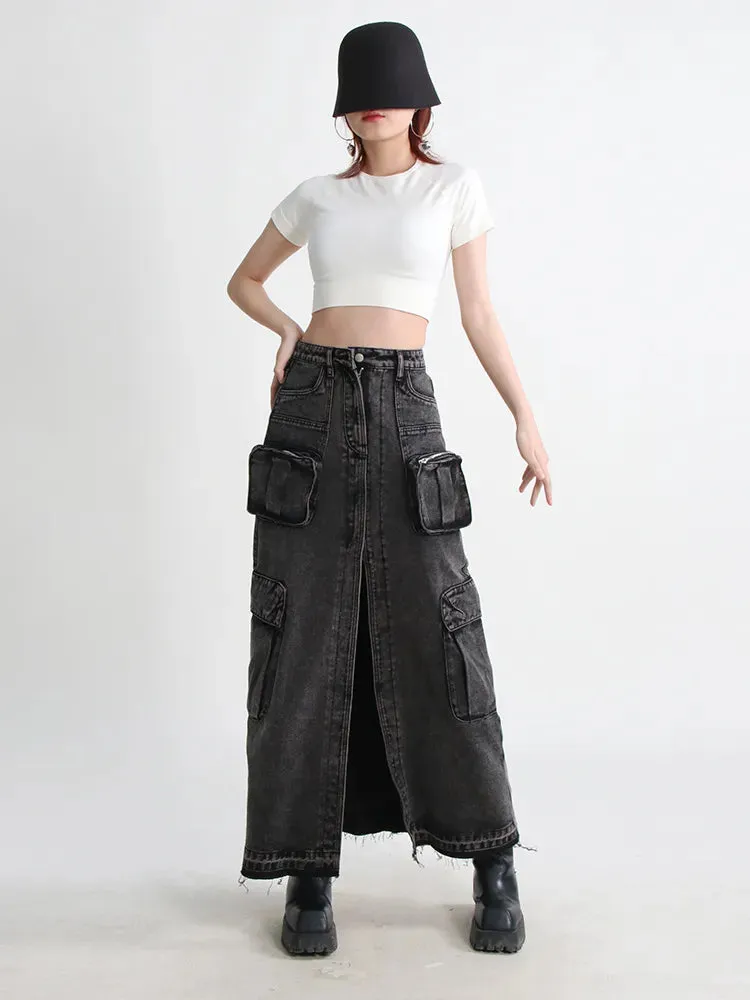 HEYFANCYSTYLE Cargo Denim Skirts High Waist