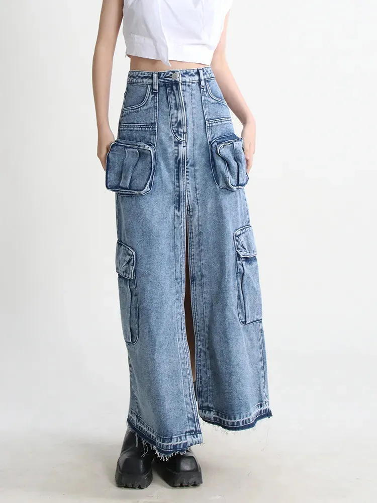 HEYFANCYSTYLE Cargo Denim Skirts High Waist