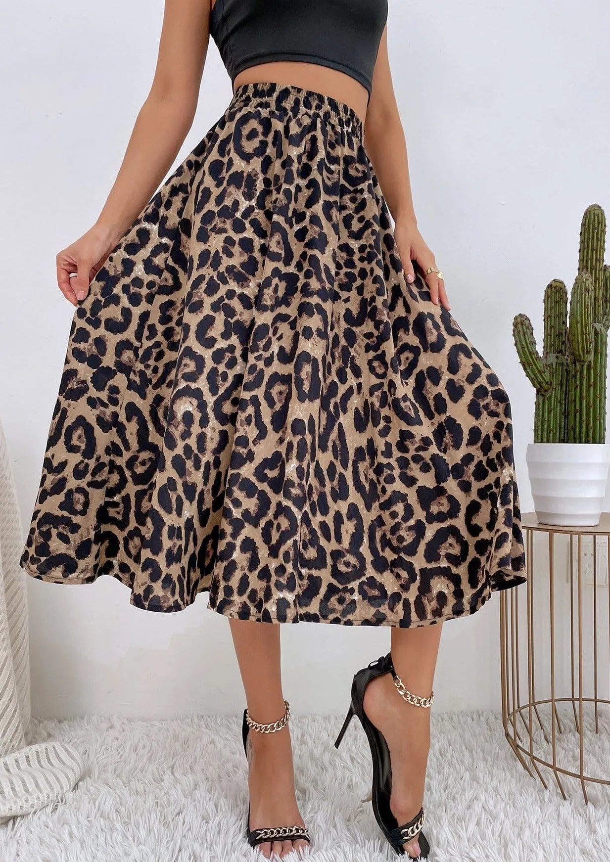 High Waist Leopard A-line Skirt