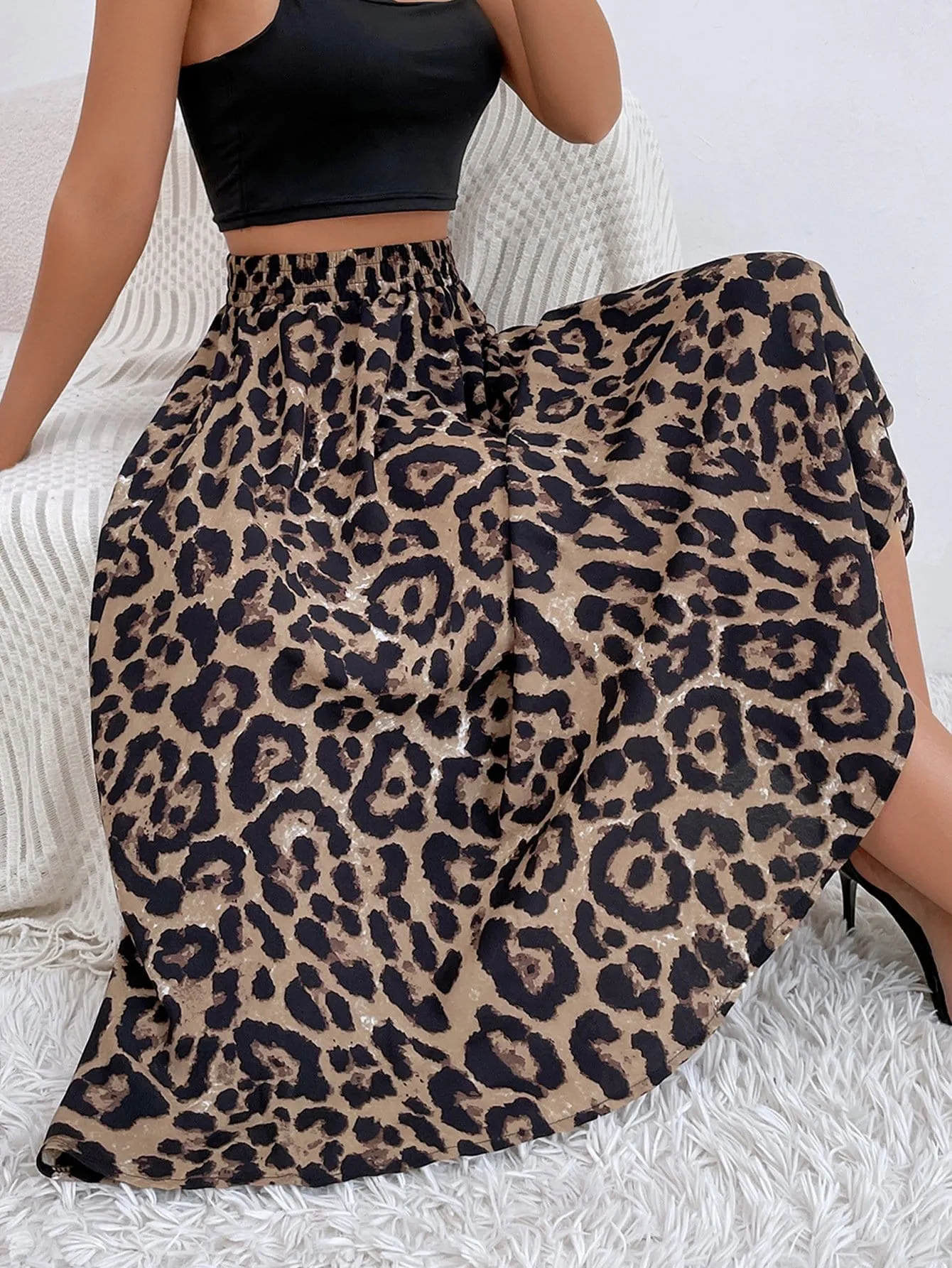 High Waist Leopard A-line Skirt