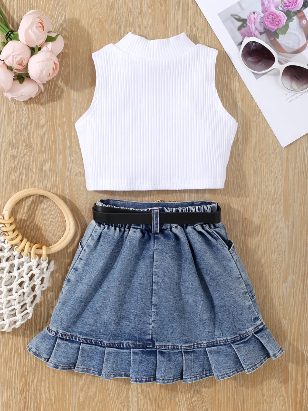 Howdy Turtleneck Tank and Pleated Denim Skirt Set