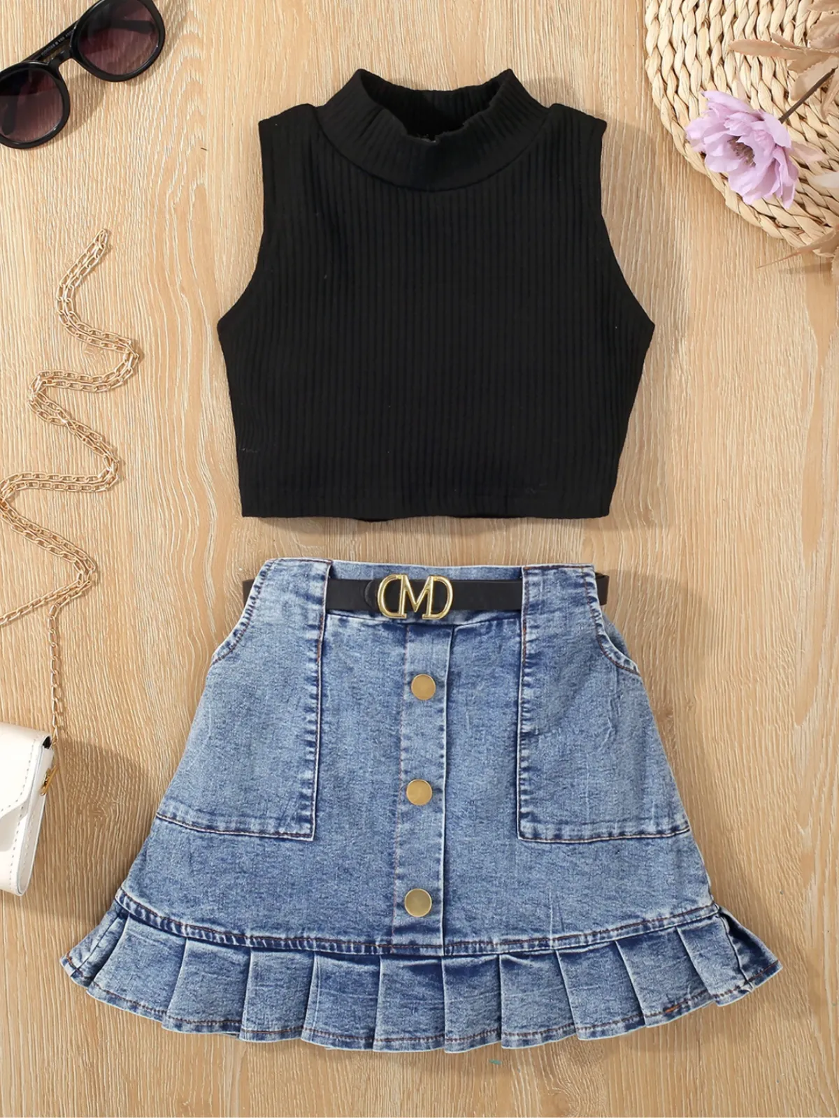 Howdy Turtleneck Tank and Pleated Denim Skirt Set