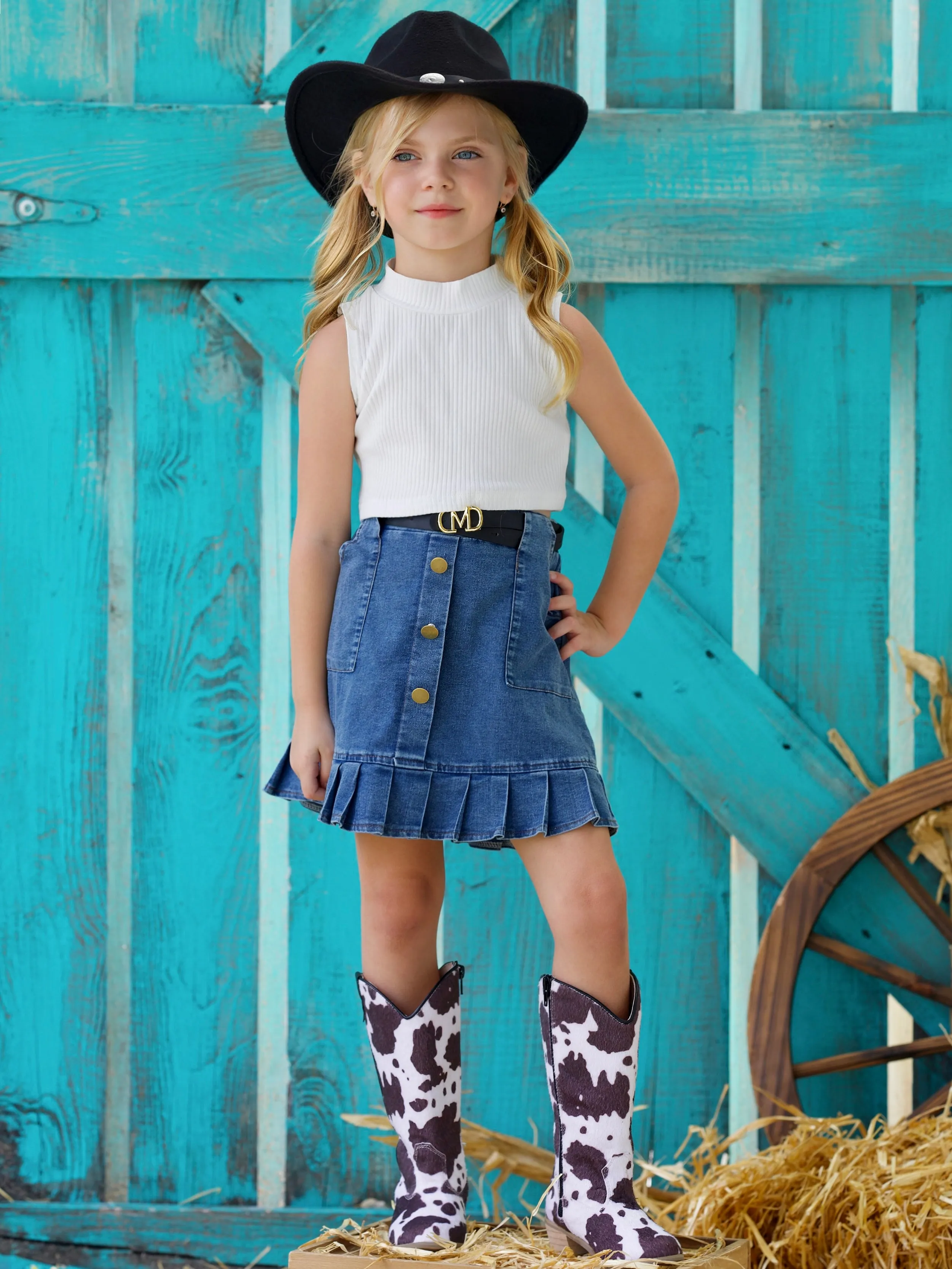 Howdy Turtleneck Tank and Pleated Denim Skirt Set