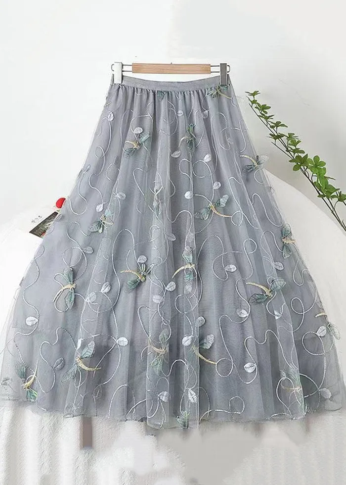 Italian Grey Embroidered High Waist Tulle Skirts Spring QQ1035