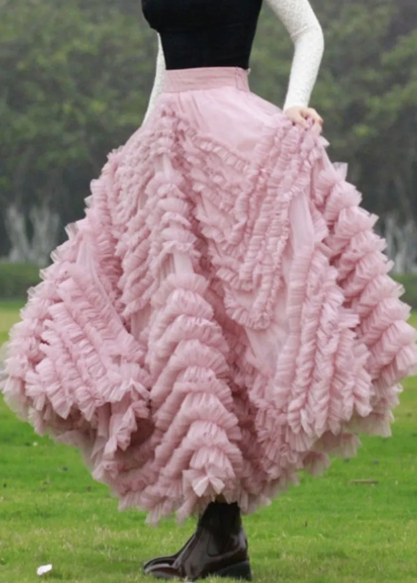 Italian Pink Ruffled High Waist Tulle Skirts Spring AB1005