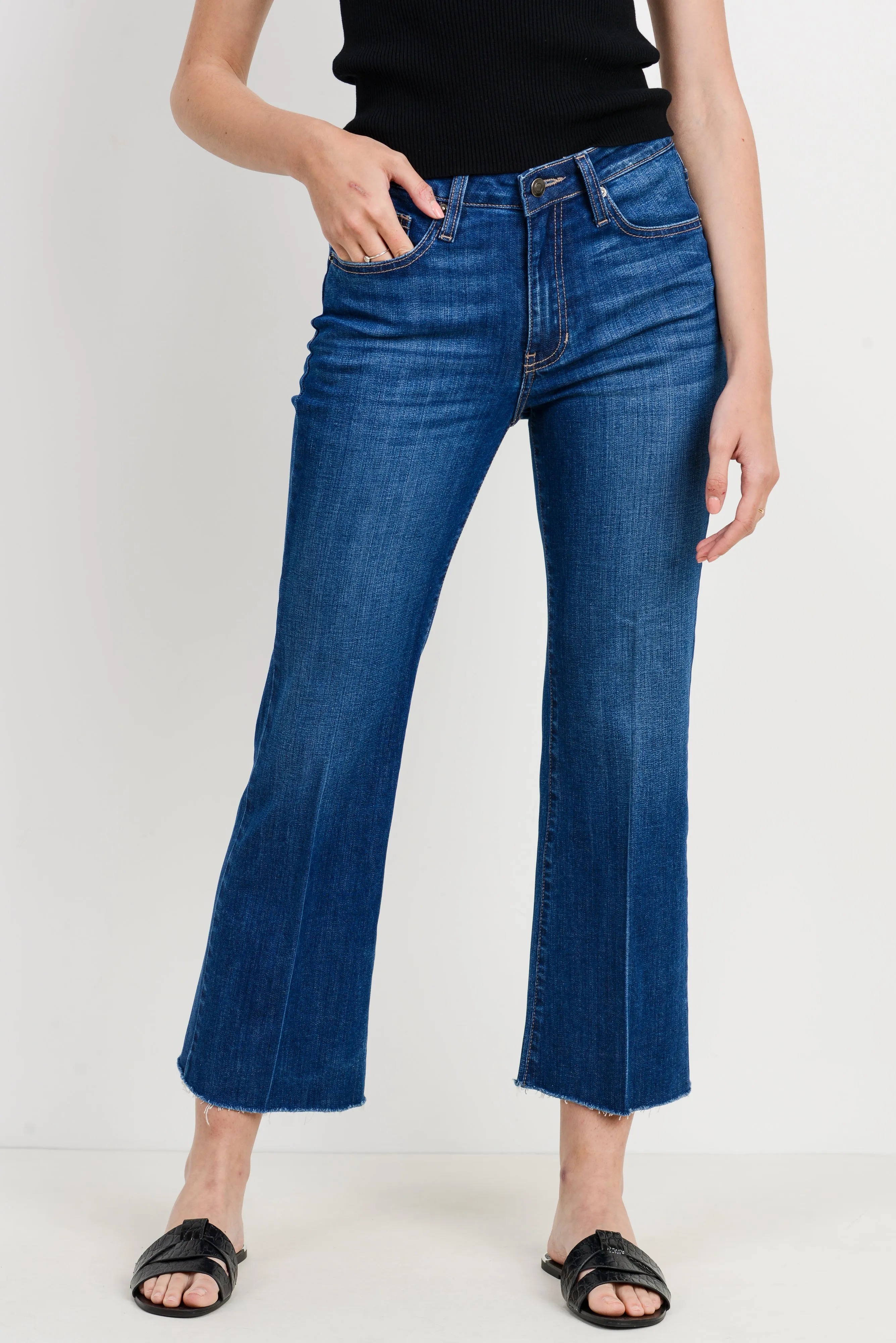 Kick Flare Raw Edge High Rise Denim Jeans In Classic Blue By LTJ