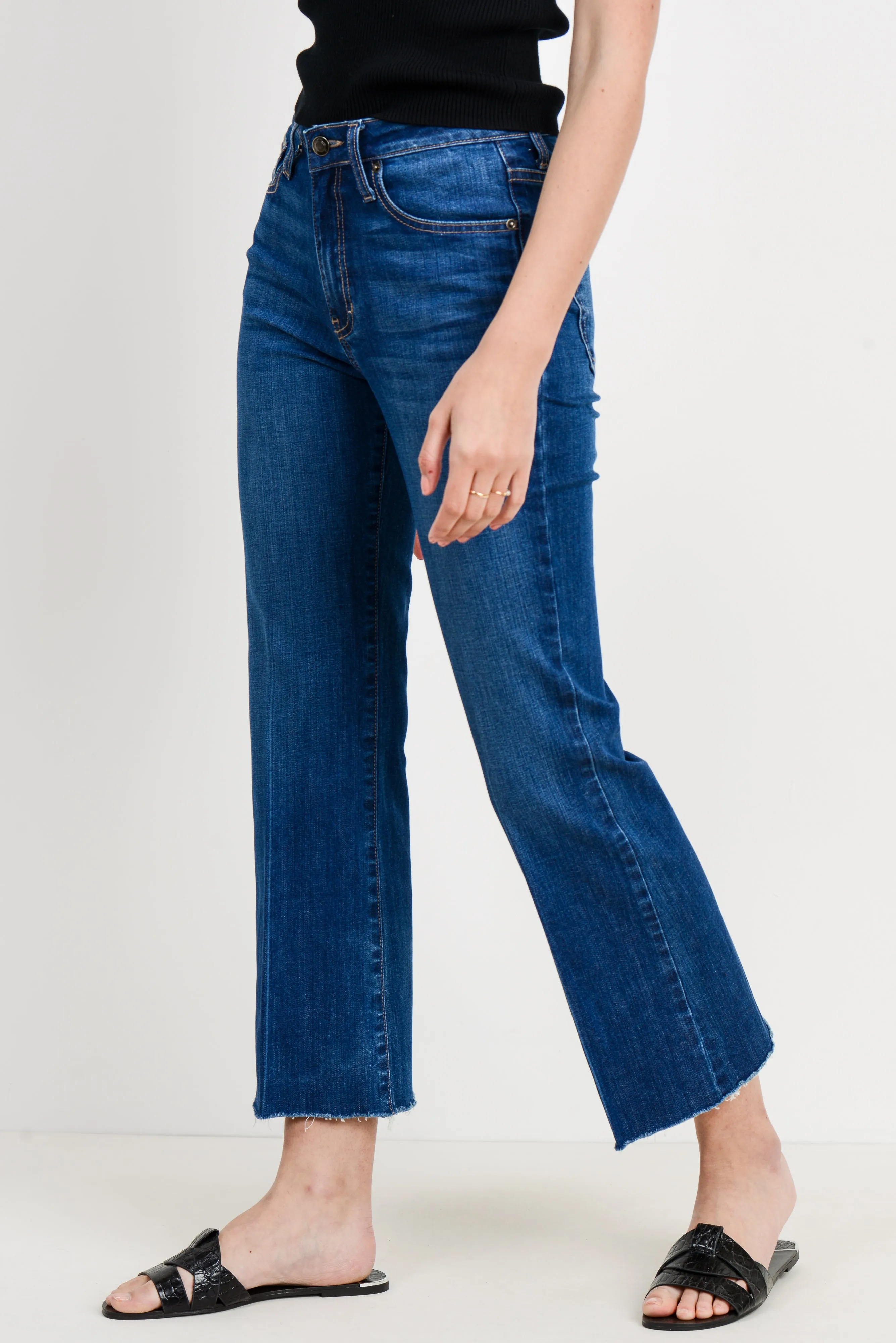 Kick Flare Raw Edge High Rise Denim Jeans In Classic Blue By LTJ