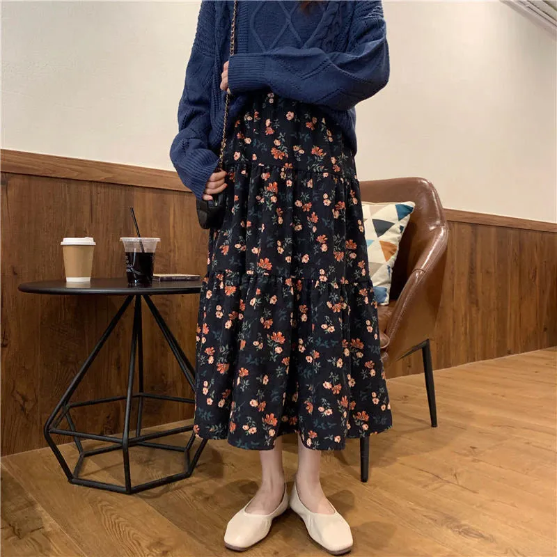 KittenAlarm - High Waist Floral Pattern Corduroy Skirts