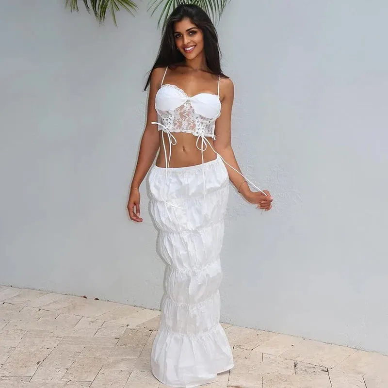 Lace Crop Top Charming Ruched Maxi Skirt Set