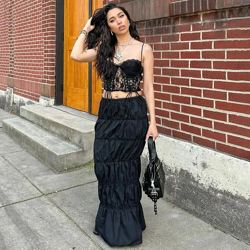 Lace Crop Top Charming Ruched Maxi Skirt Set