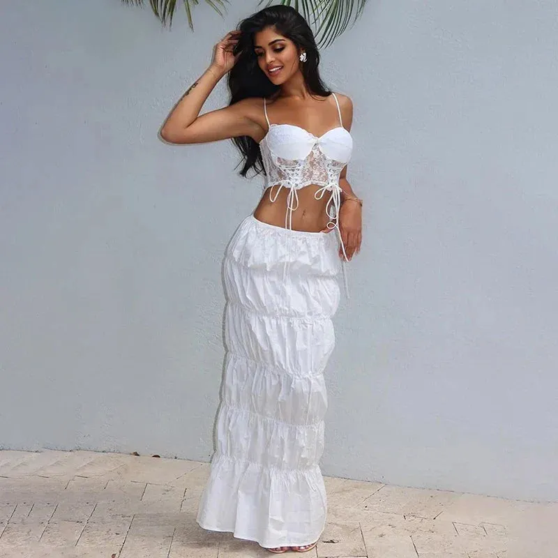 Lace Crop Top Charming Ruched Maxi Skirt Set