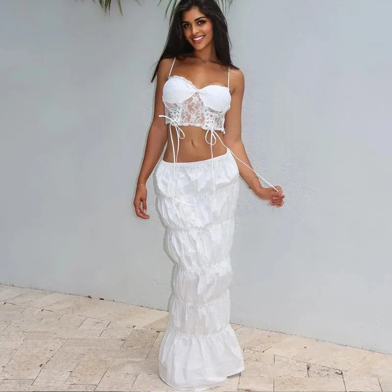 Lace Crop Top Charming Ruched Maxi Skirt Set