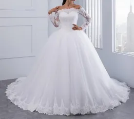 Lace Wedding Dress Long Sleeves Off Shoulder Tulle Puffy Bridal Gowns