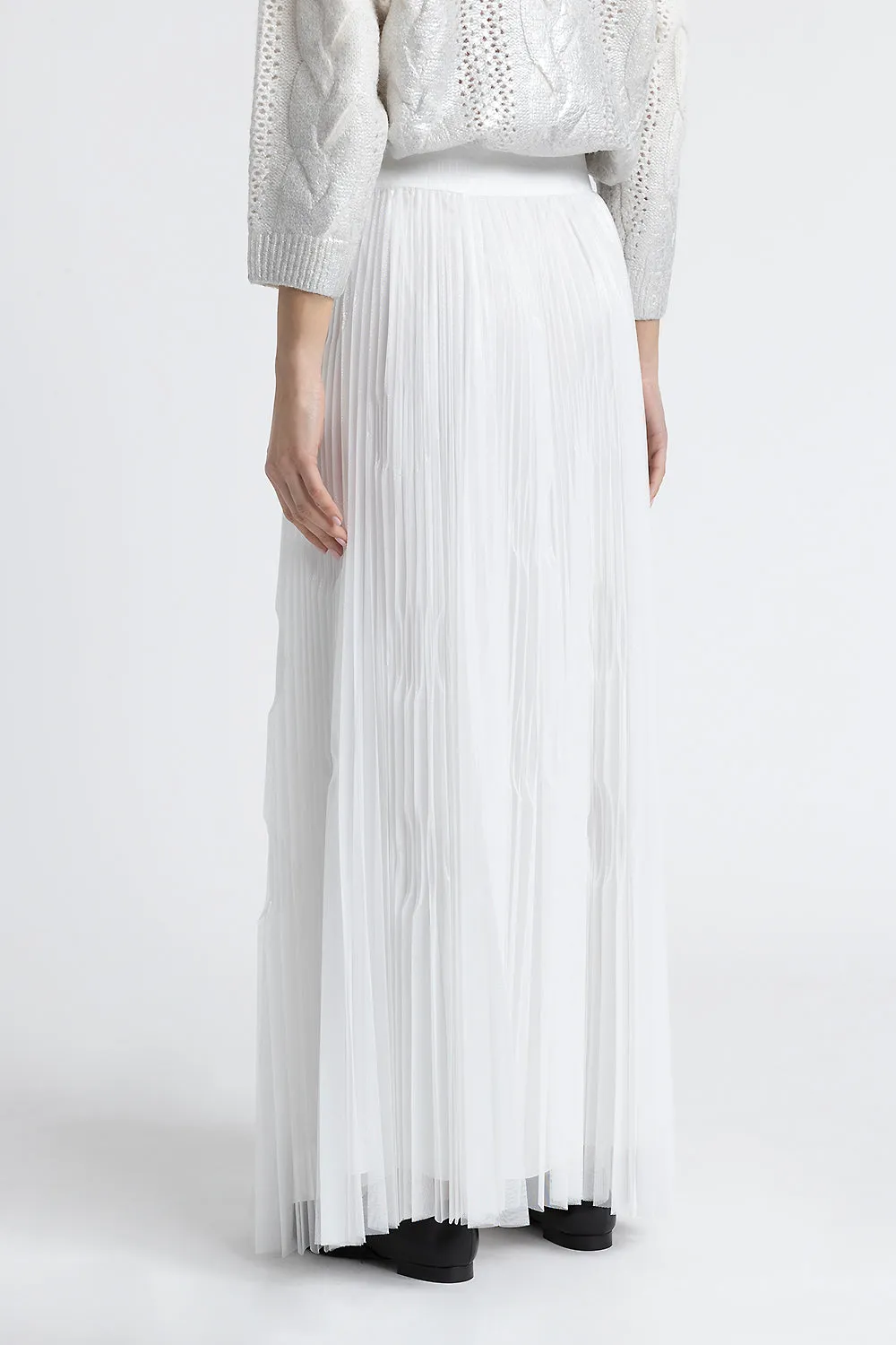 Laminated tulle sunray pleated long skirt