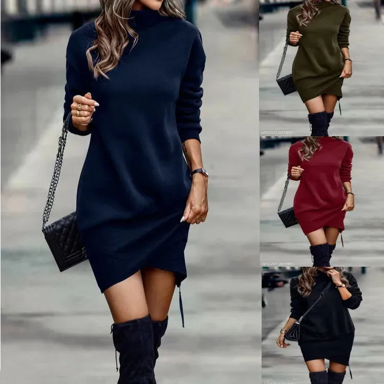 Long Sleeve Dress Solid Color High Neck Cross Short Cashmere Dress for Women