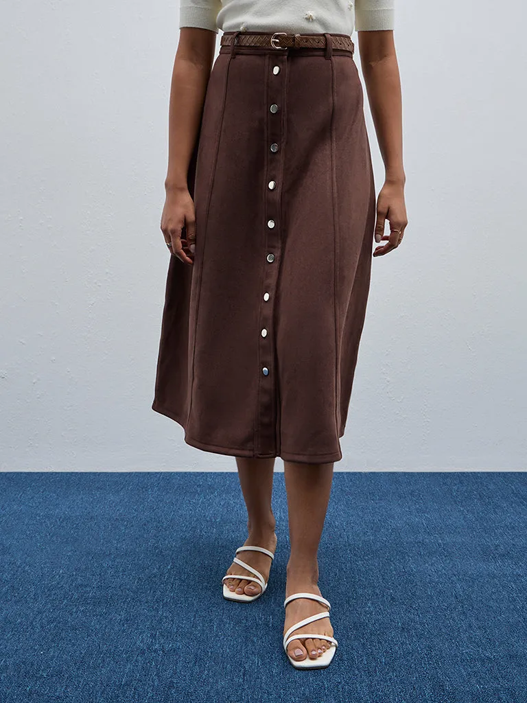 LOV Brown Faux-Suede A-Line Skirt