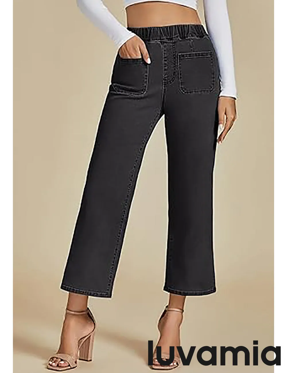 LUVAMIA Women's Cropped Denim High Waisted Jeans Stretch Wide Leg