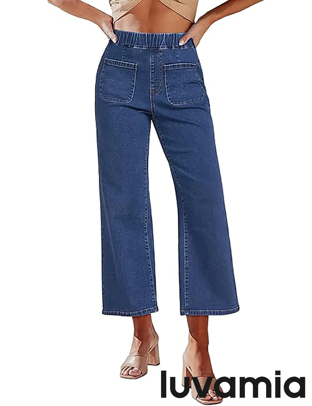 LUVAMIA Women's Cropped Denim High Waisted Jeans Stretch Wide Leg