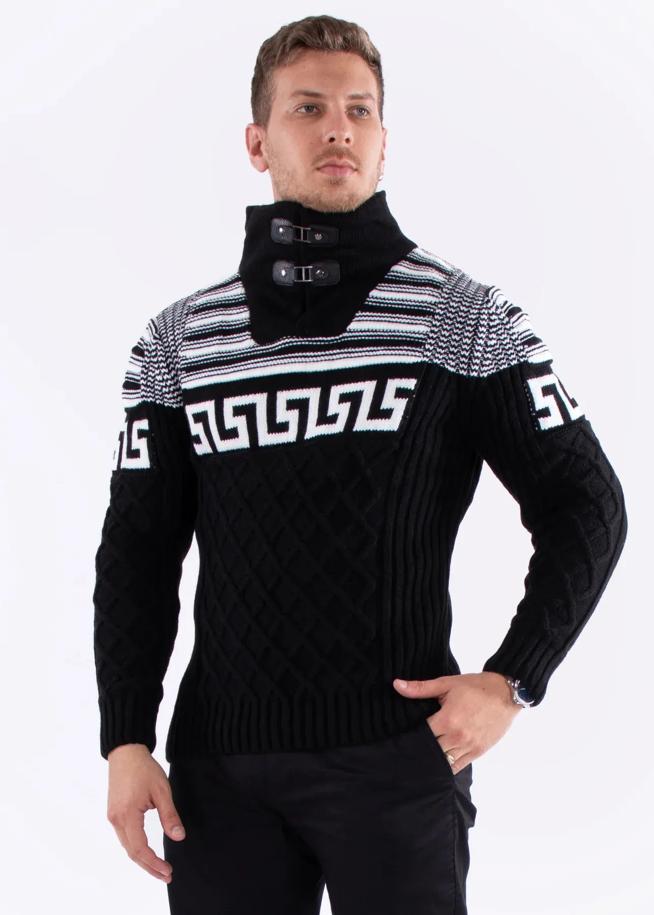 Men's Black and White Turtleneck Pullover Sweater Greek Key Style No-235131