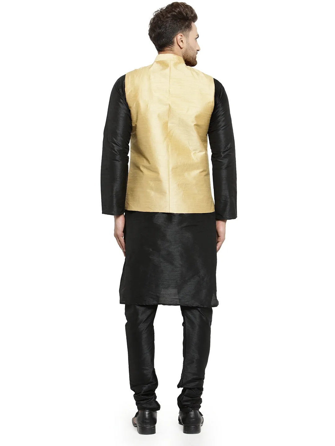 Men's Silk Blend Black Kurta With Pyjama & Gold Nehru Jacket - Benstoke