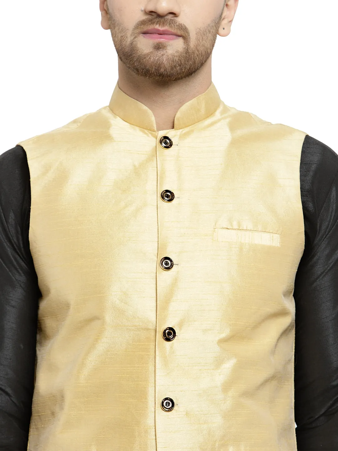 Men's Silk Blend Black Kurta With Pyjama & Gold Nehru Jacket - Benstoke